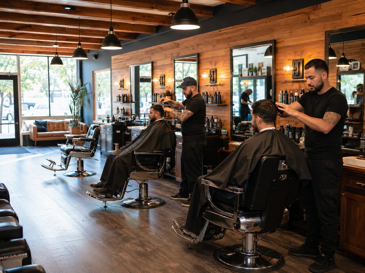 Male barbers actively serving clients in a bright modern neighborhood barbershop