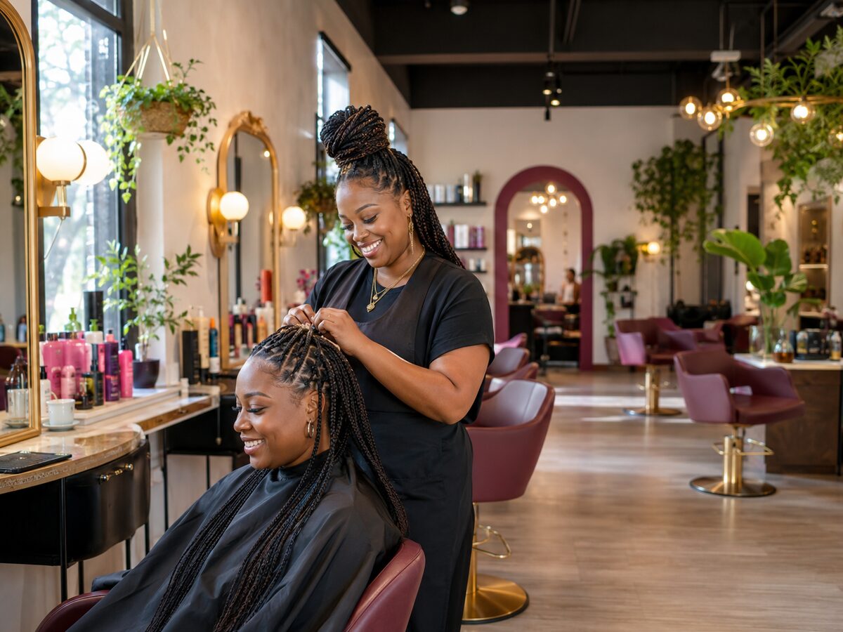 Braiding stylist serving a client in a vibrant, spacious modern salon