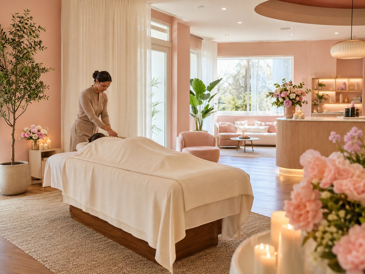 Inviting open spa and wellness setting with a relaxing treatment in progress
